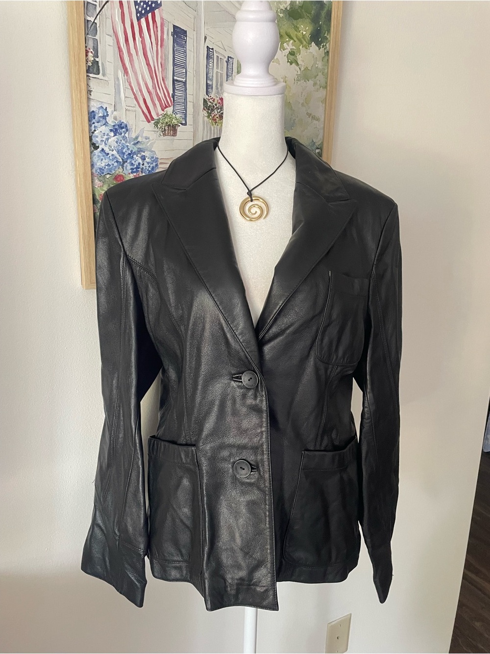 Wilsons Leather 90s Y2K Pelle Studio Black Sleek Blazer Jacket Large